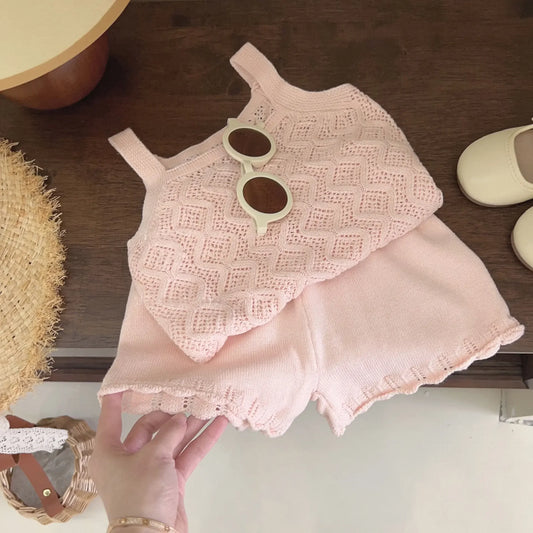Girls Summer Knitted Shorts & Vest Pink