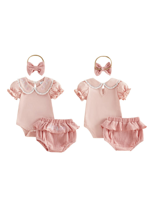 Baby Girls Pink Embroidered Collar Bodysuit & Bloomers Set with Headband