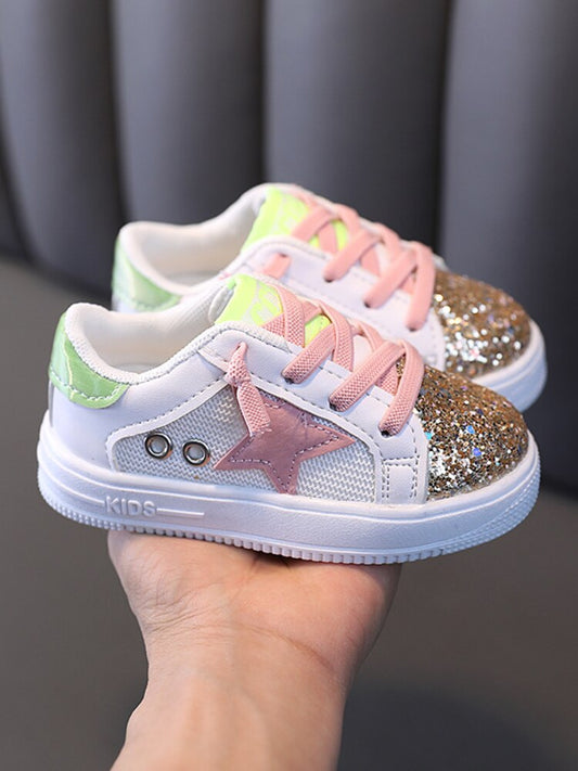 Girls Casual Board Shoes Pink Silver Star Sequin *