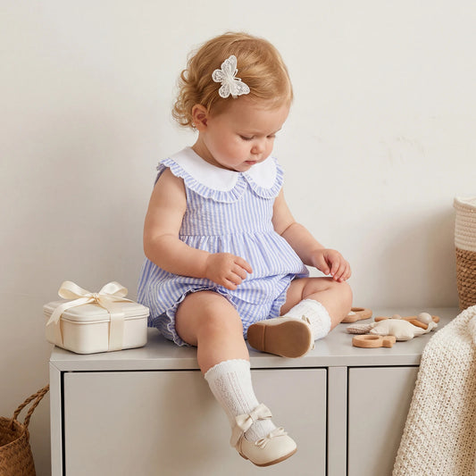 Baby blue striped sleeveless dress with Peter Pan collar and matching bloomers