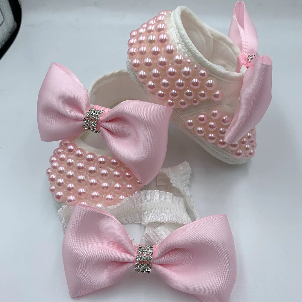 Dolly Bling Pram Shoes Pink Beaded withhead band