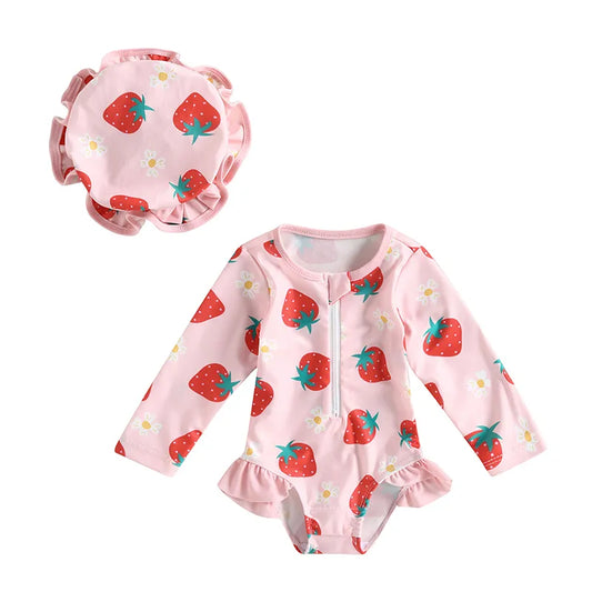 Girls Toddler Long Sleeve Swimsuit with matching hat - Strawberry Print *