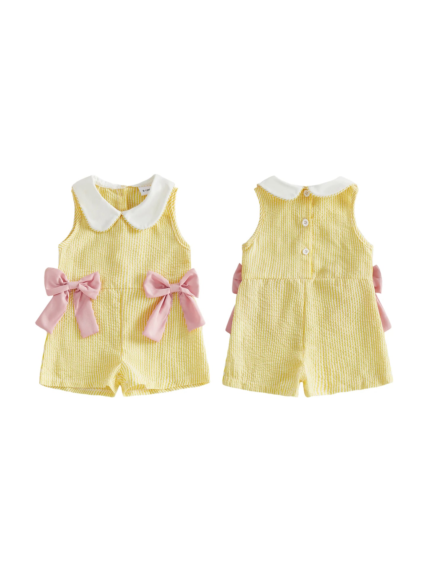 Girls Toddler Yellow Gingham Romper with Pink Bow Detail