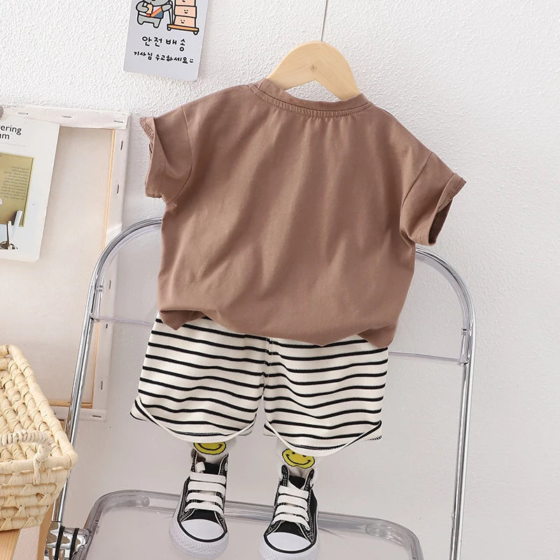 Boys Mountain Brown Teddy T shirt and Navy Striped Shorts