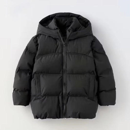 Black hooded puffer jacket for kids, thick quilted insulation with zip-front.