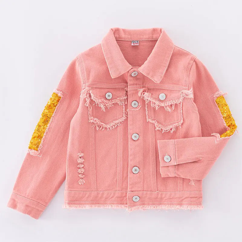 Girls Pink Sequin Denim Jacket