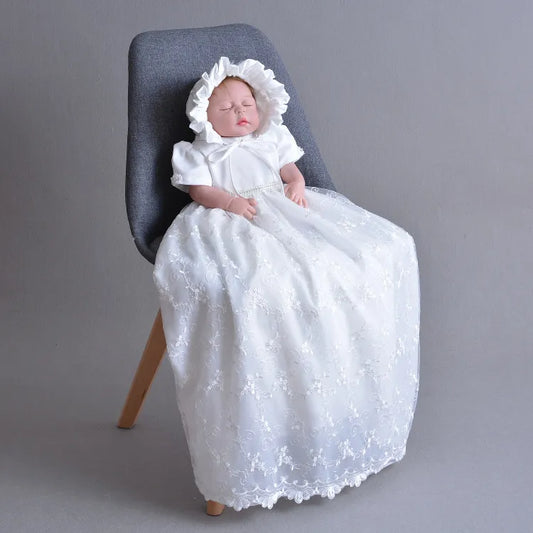 Christening Full Length Gown and Bonnet - White *
