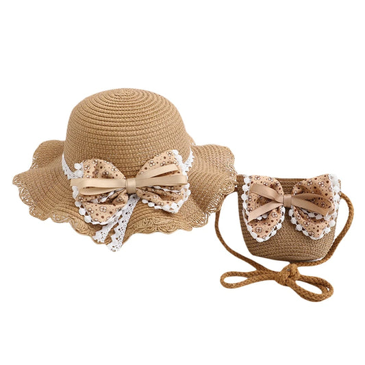 Girls Beige Straw Hat and Matching Bag *