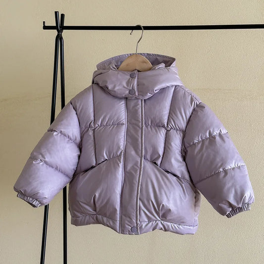 Girls lilac puffer coat with hood, front zip, and quilted panels