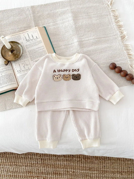 Toddler Waffle Bear Cream two piece Tracksuit *