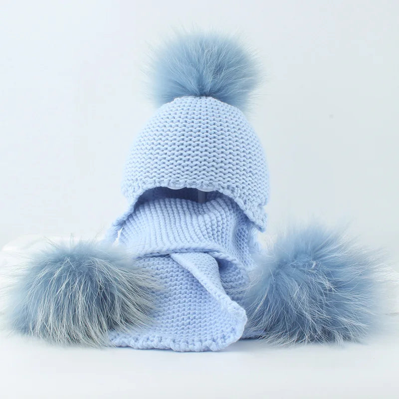 Raccoon Hat & Scarf Set Sky Blue Single Pom