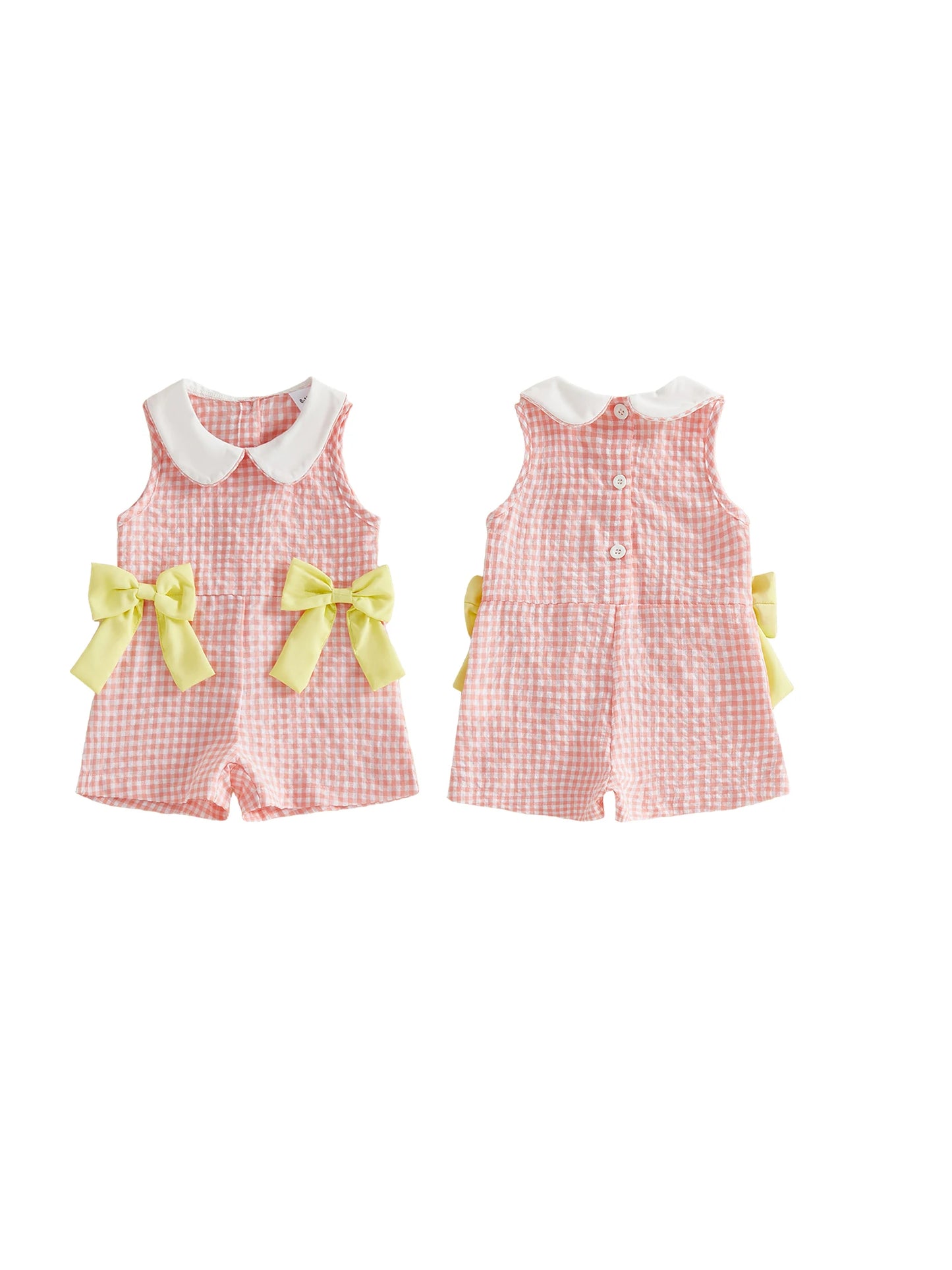 Girls Toddler Peach Gingham Romper with Lemon Bow Detail *Online Product