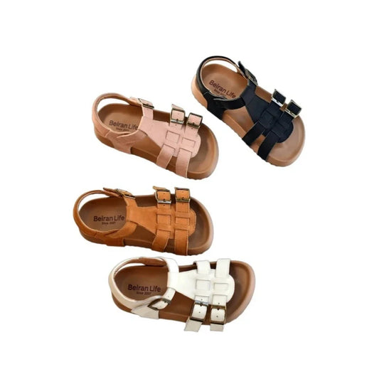 Kids summer sandals—Tan, White, and Pink with buckle straps, open-toe design