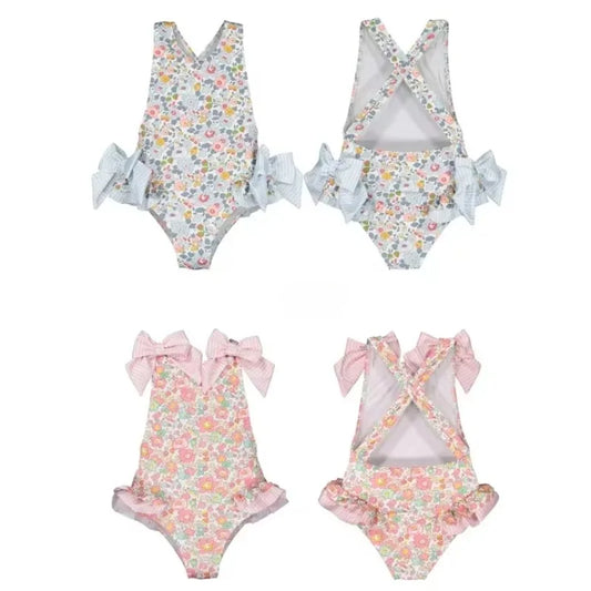 Girls Blue Floral Swimsuit with Bows & Crossover Back (2–7 Years) *Preorder