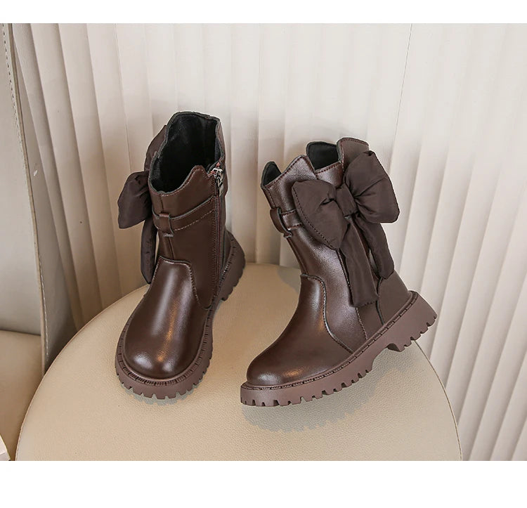 Girls Mid Calf Brown Bow Boots