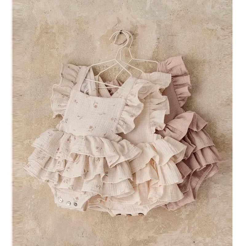 Baby Girl Cotton Floral Criss-Cross Romper - Cream