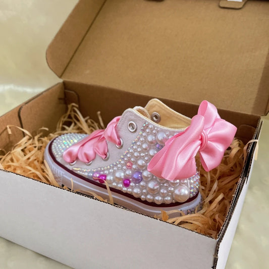 Dolly Bling Baseball Boots White Pearl Pink Bow Canvas *