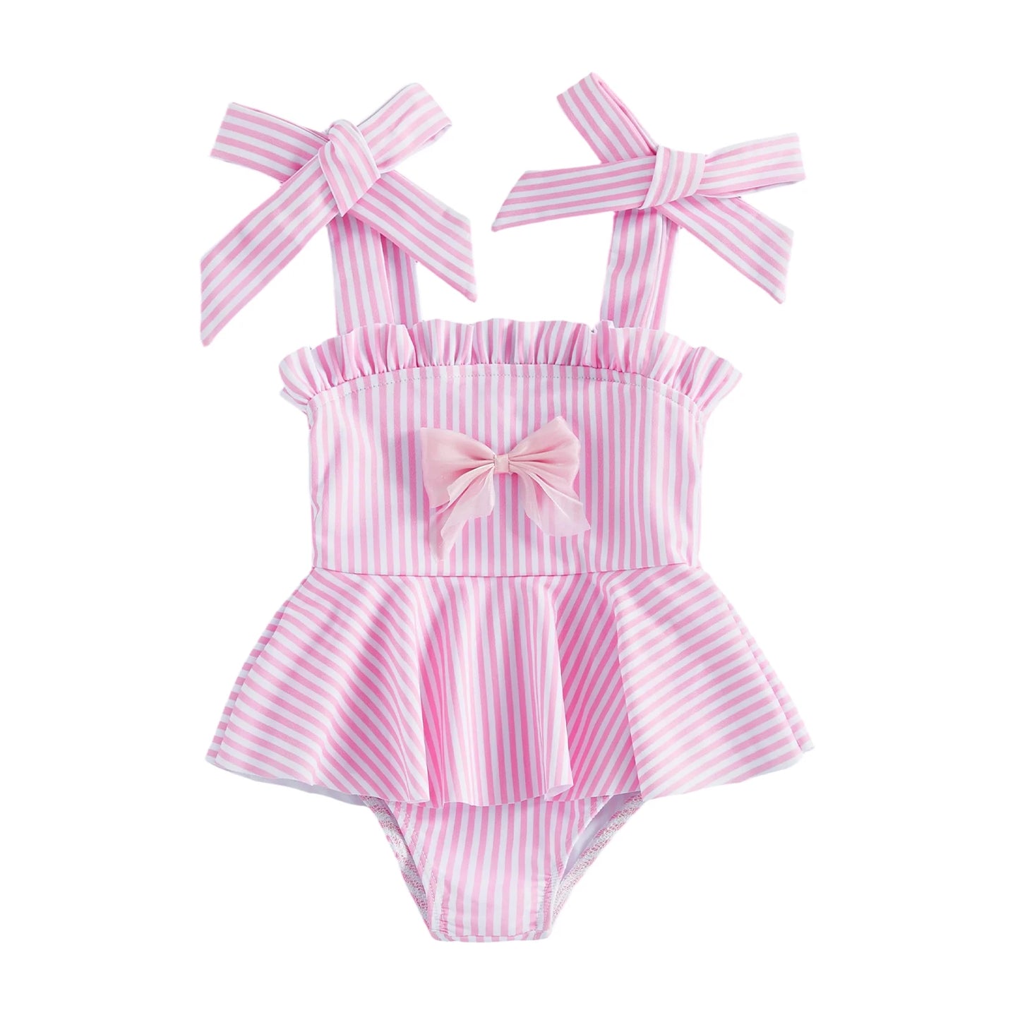 Girls pink striped swim one-piece with two bow ties and ruffled peplum bottom