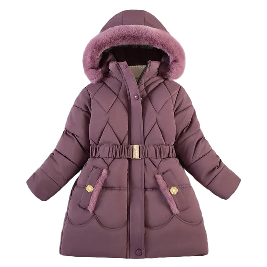 Girls plum hooded puffer coat with faux-fur trim, belted waist, quilted design, pockets