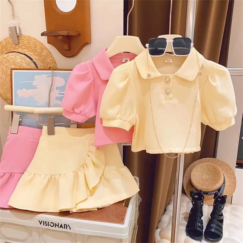 Girls Lemon Puff Sleeve Polo Top and Matching Frilled Skort