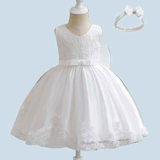 Girls White Sequin Christening Dress with Headband - Special Occasion