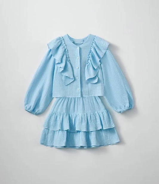 Powder blue ruffle smock shirt and tiered skirt set, long puff sleeves