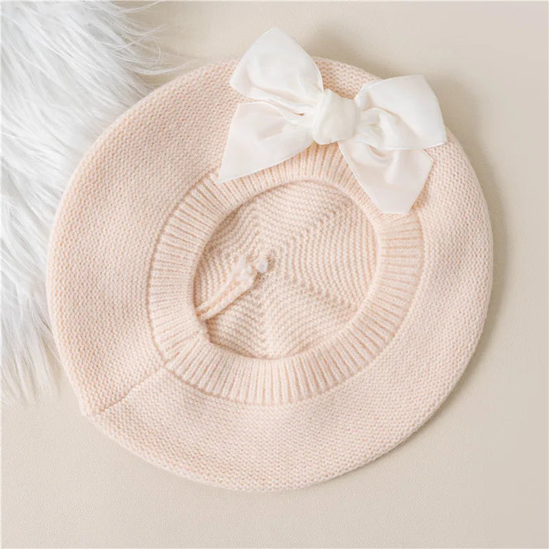 Girls Beret Hat Velvet Bow Ivory