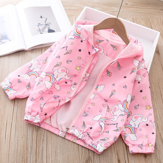 Girls Windbreaker Jacket Pink Elephant Pattern *