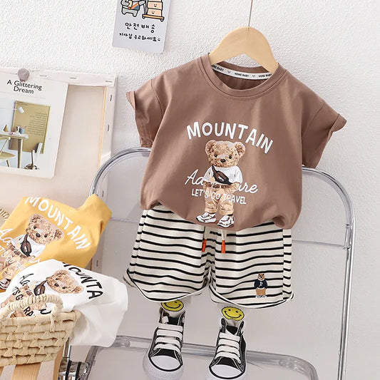 Boys Mountain Brown Teddy T shirt and Navy Striped Shorts *