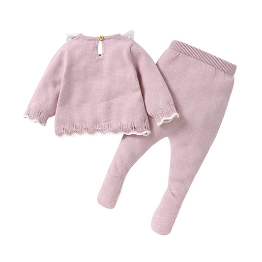 Baby girls knit sweater and pants set in light purple, long sleeves and cuffs
