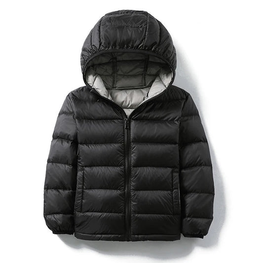 Kids duck down puffer jacket, dark black, full-zip with hood and stitched quilt panels