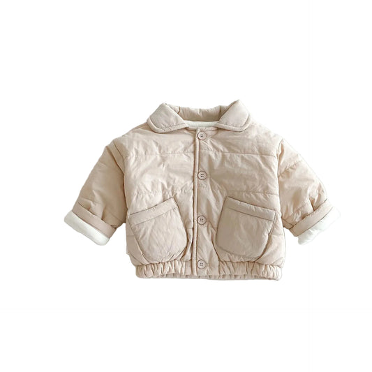 Beige mini puffer pocket jacket with stand collar, snap closure, and two pocket flaps