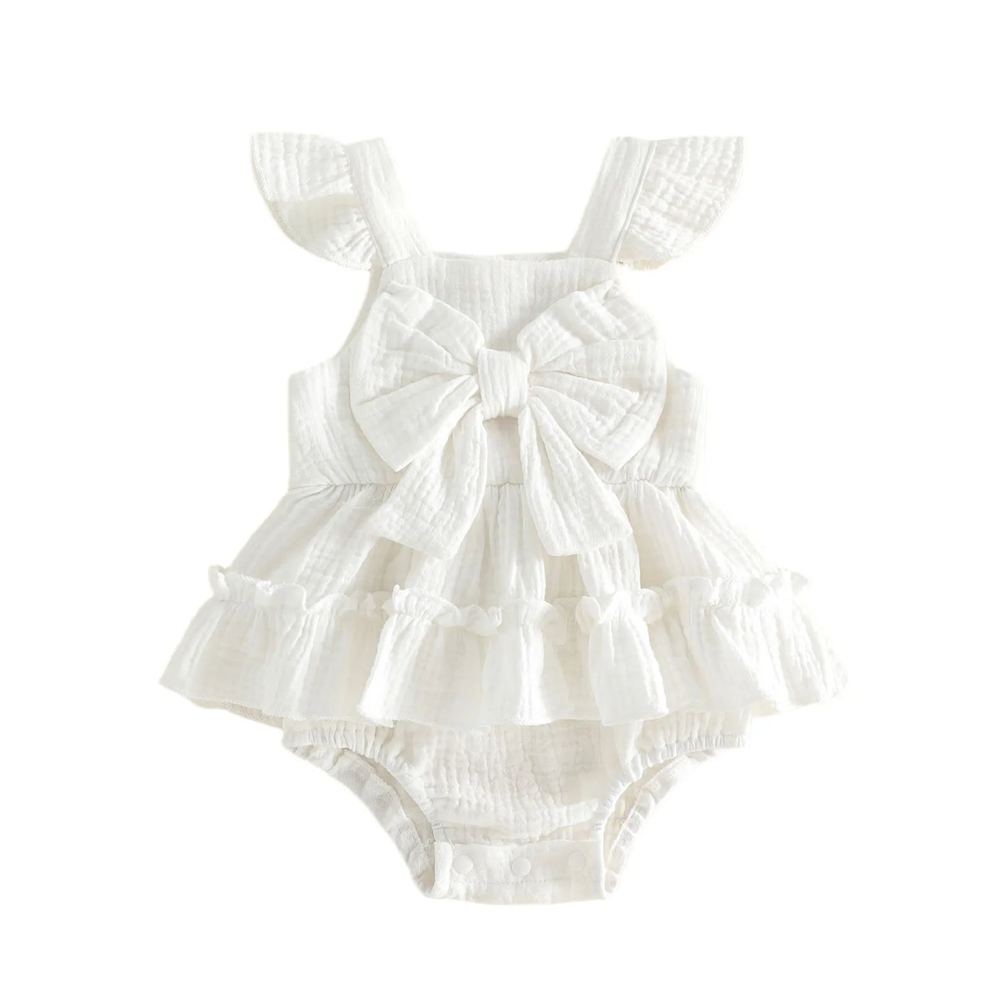 Baby girl bow frill romper in white, with oversized bow and ruffled legs