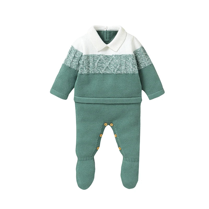 Green knit baby romper with white turn-down collar and long sleeves