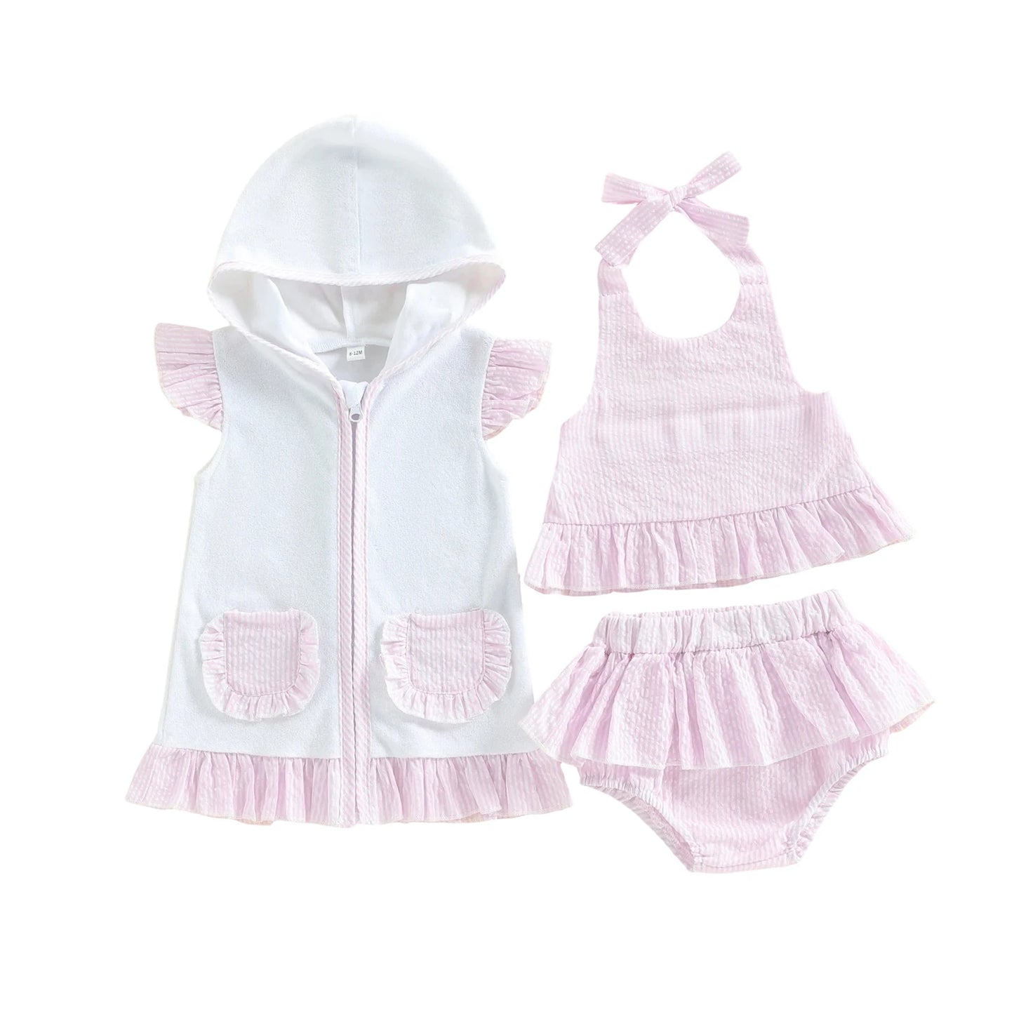 Baby outfit set with white hooded jacket, pink top, and diaper on a white background