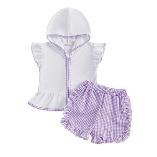 Girls’ Summer Beach Lilac Clothes Set – Short Sleeve Hood Top & Ruffled Plaid Shorts (1–5 Years) *Preorder