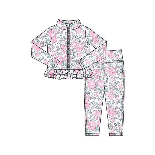 Shop the Rose Green Floral Frill Tracksuit Set for girls. A soft two-piece floral outfit with peplum jacket and leggings. Preorder now – delivery mid March.