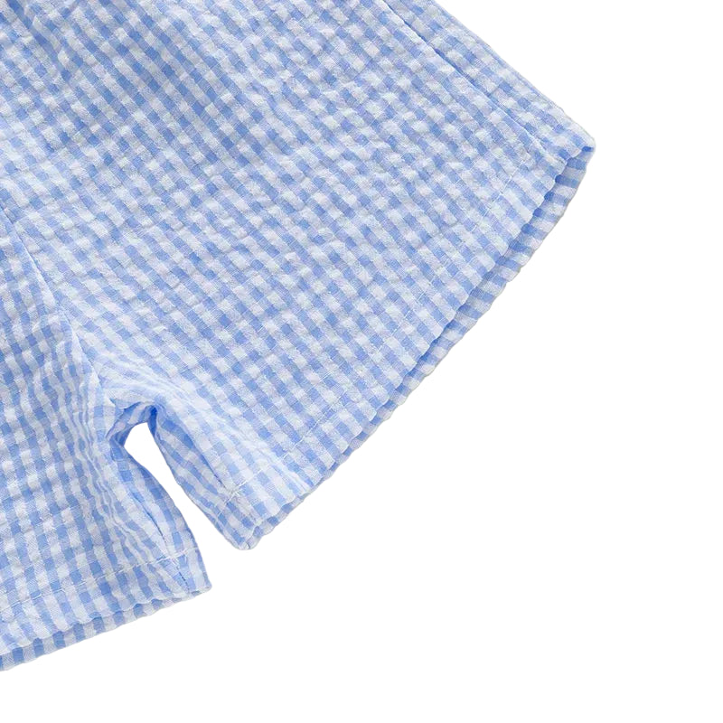 Boys Terry Towelling Hooded Summer Set – Blue Gingham Shorts (1–5 Years) *Preorder