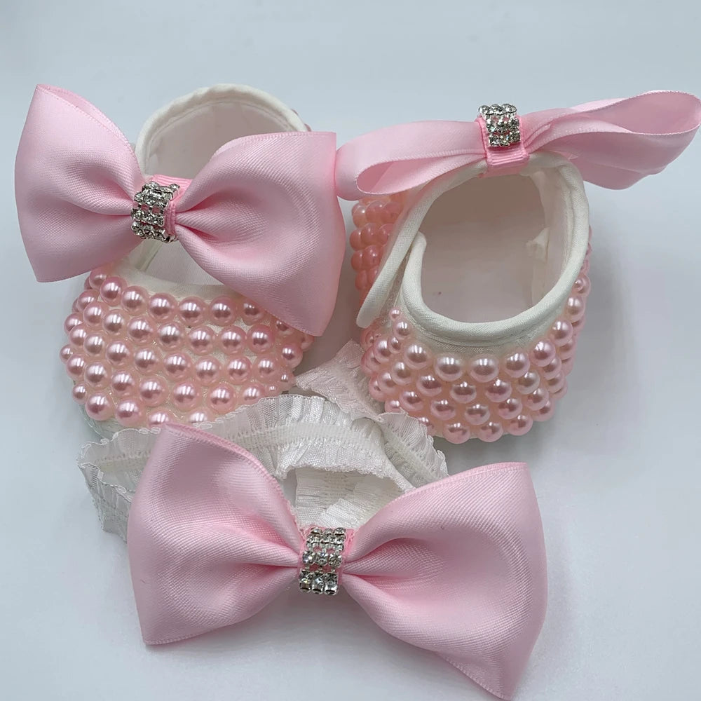 Dolly Bling Pram Shoes Pink Beaded withhead band
