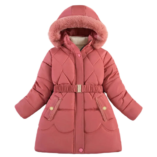 Coral girls hooded puffer coat with faux fur trim, cinched waist belt, side pockets