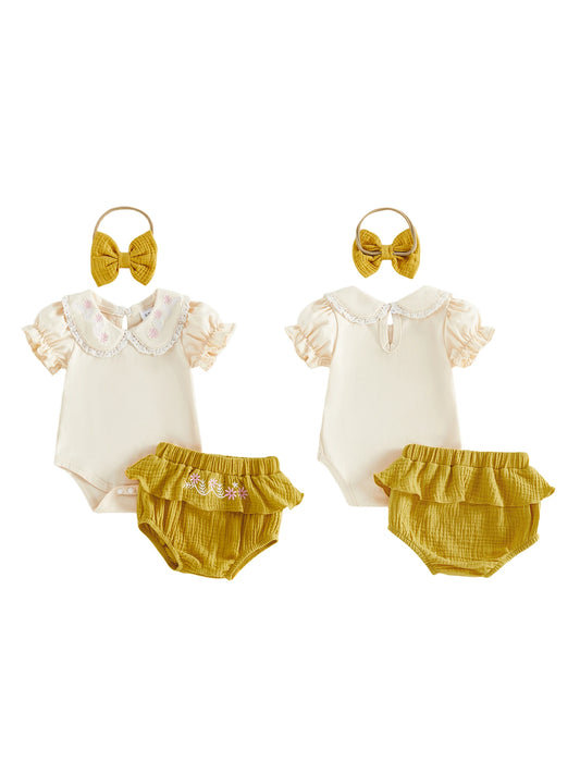 Baby Girls Cream Embroidered Collar Bodysuit & Mustard Bloomers Set with Headband