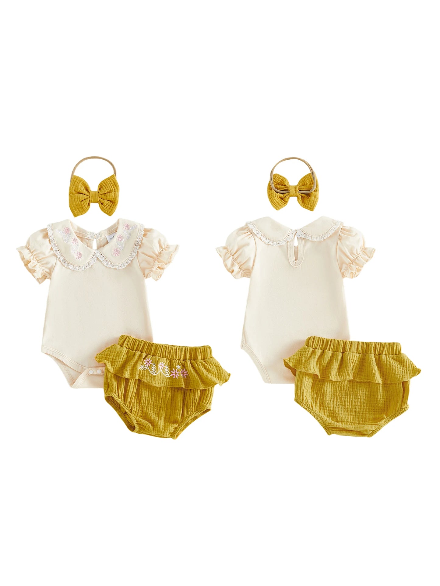 Baby Girls Cream Embroidered Collar Bodysuit & Mustard Bloomers Set with Headband