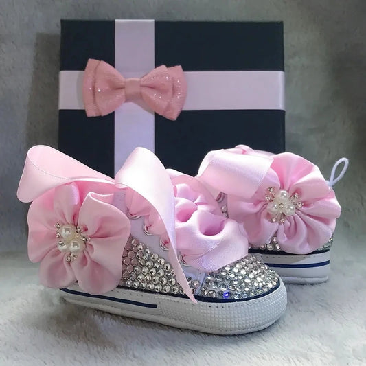 Dolly Bling Baby Pram Shoes -Pink Satin Flowers