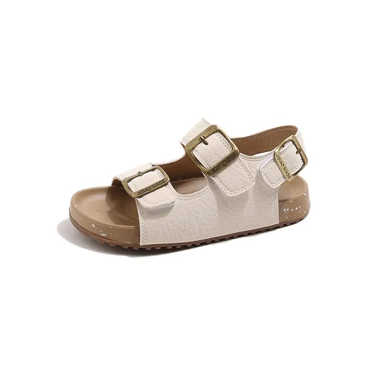 Kids double buckle summer sandals, off white, side view with two buckles