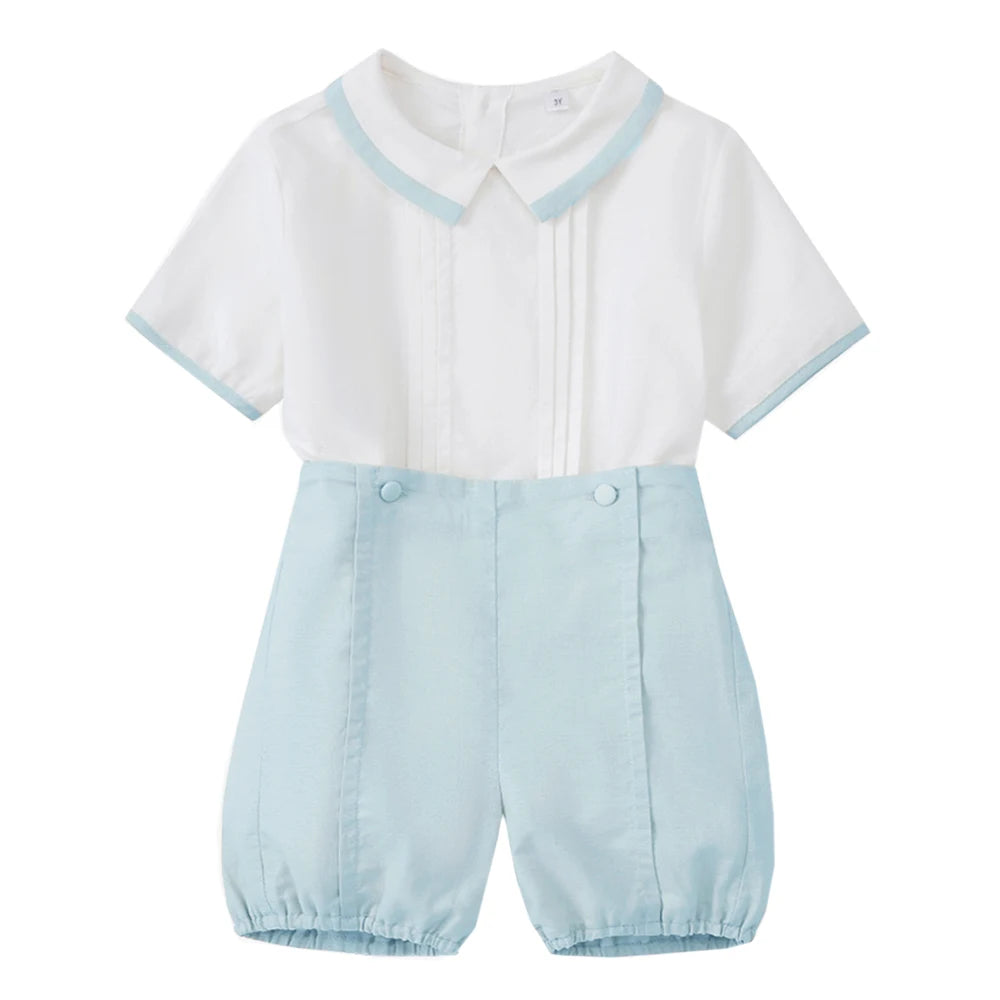 Classic boys blue and white short set with Peter Pan collar and tailored shorts. Perfect for special occasions and timeless styling.