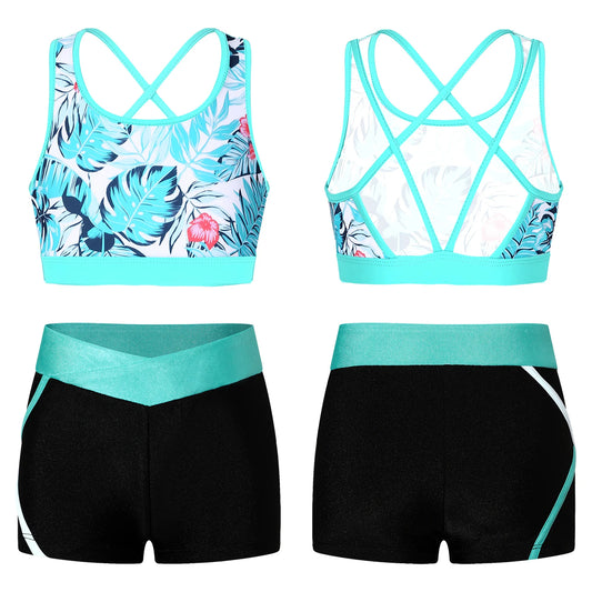 Girls Aqua Flower V Fit shorts Gym Set