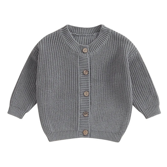 Boys knitted cardigan in gray, full button front and ribbed collar and cuffs