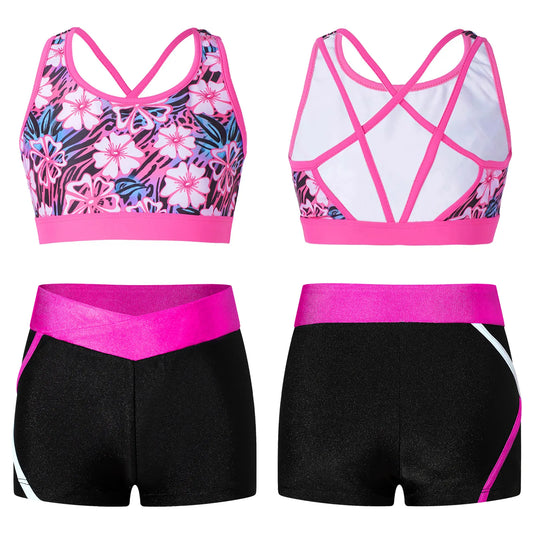 Girls Pink Flower V Fit shorts Gym Set