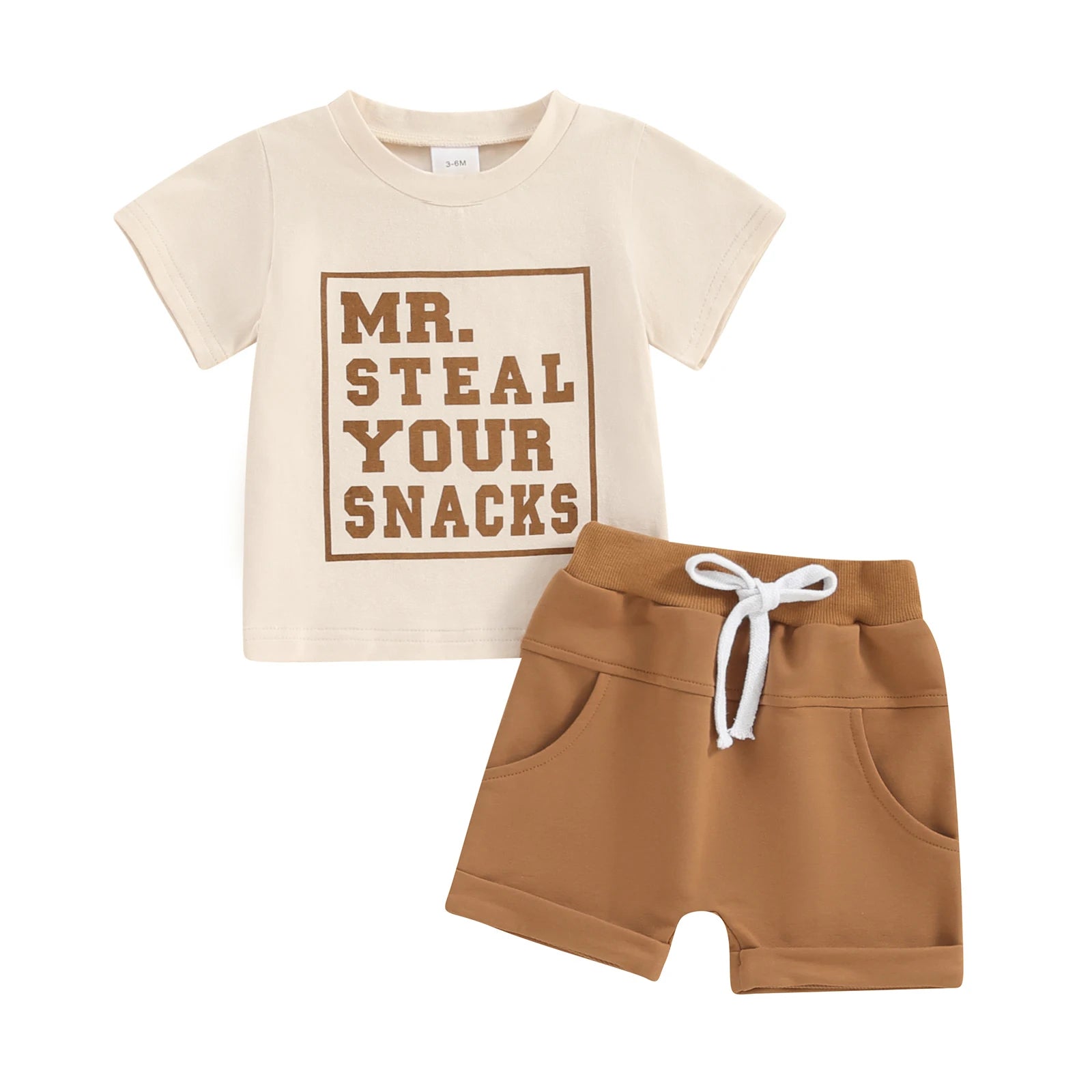 Boys Toddler Cotton Beige T shirt and Shorts Set 'MR I steal your snacks'!
