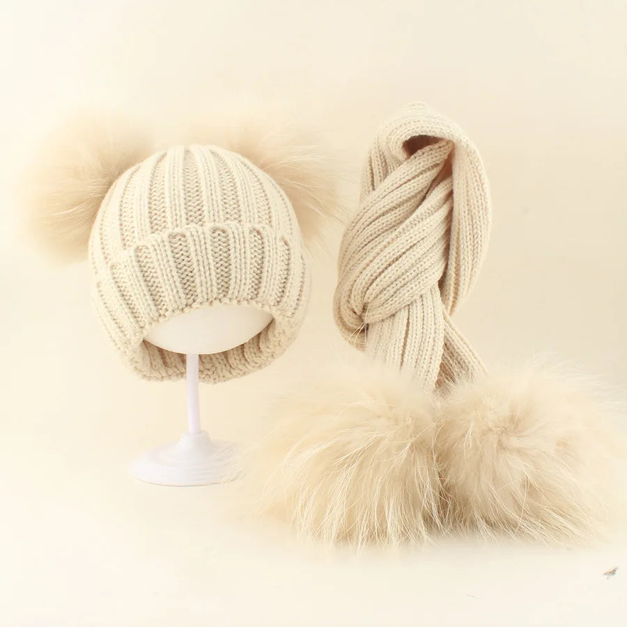 Raccoon Hat & Scarf Set Beige Double Pom